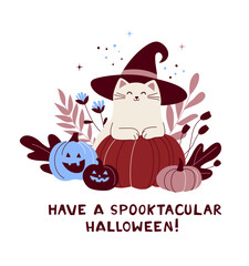 Cute Halloween Cat with Witch Hat and Pumpkins Cozy Fall Greeting Card. Have a Spooktacular Halloween Funny Card. Kitty with Pumpkin and Leaves. Flat Autumn Vector Illustration