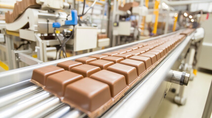 Chocolate bars on production line, showcasing the manufacturing process and precision.
