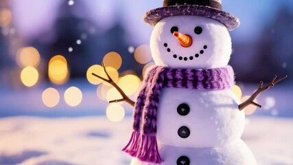 Charming snowman with top hat and purple scarf in snowy winter landscape, illuminated by blurry string lights, creating festive mood. - Powered by Adobe