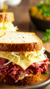 Stacked corned beef sandwich with cheese and sauerkraut on rye bread served on wood plate