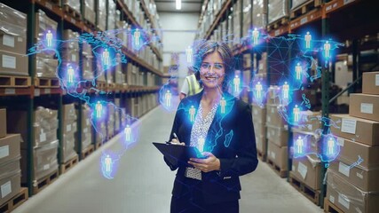 Map overlay appearing, supervisor writing on clipboard with pen at warehouse, managing logistics - Powered by Adobe