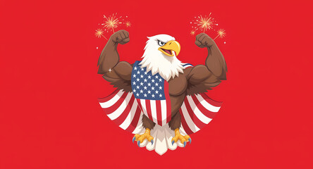 Illustration of muscular eagle with american flag and fireworks on red background