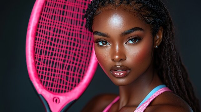 Close-up of a woman holding a pink tennis racket