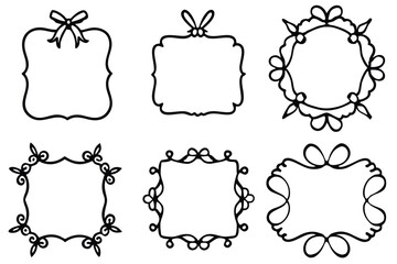 Collection of six decorative hand drawn frames and borders with bows and swirls