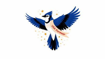 Fototapeta premium Illustration of blue jay bird with usa forever stamp isolated on white background