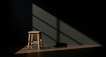 A simple wooden bar stool stands in a dimly lit room casting a shadow from dramatic sunlight streaming through a window onto a dark wall and wooden floor isolated on transparent background