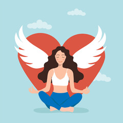 Spiritual growth and development concept. Young woman sitting in lotus position with wings behind her back against heart background