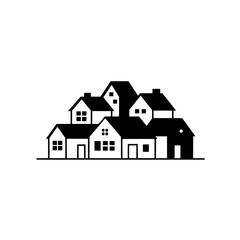 Neighborhood Silhouette: A captivating black and white silhouette of a cozy neighborhood, illustrating a sense of community, housing, and the essence of home.