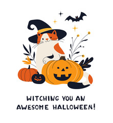 Cute Halloween Cat with Witch Hat and Pumpkins Cozy Fall Greeting Card. Witching You an Awesome Halloween Funny Halloween Card. Kitty with Pumpkin and Leaves. Flat Autumn Vector Illustration