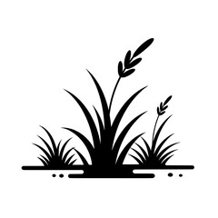 Silhouette Grass: Elegant black silhouette of a grass cluster with blades and seed heads, set against a white background. Ideal for nature-themed designs and illustrations.