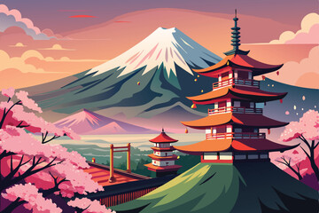 Vintage vector illustration of a Japanese pagoda and cherry blossoms at a fun summer festival