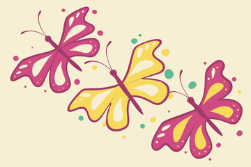 Three colorful cartoon butterflies flying together with polka dots