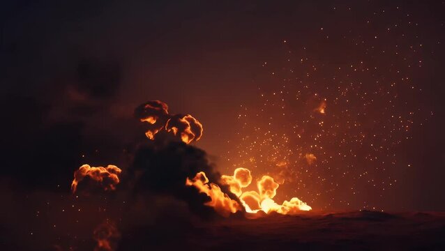 Explosion with fiery plumes and glowing embers against a dark sky