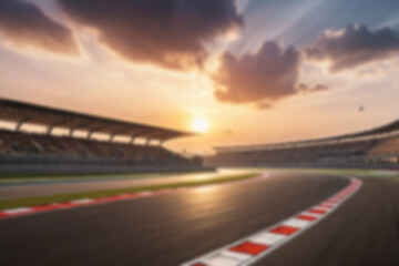 Blurry photo of a racing circuit atmosphere showing racers on the track with a yellow sunset,