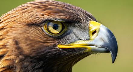 Naklejka premium A captivating wildlife portrait of a fierce red-tailed hawk, its brown feathers and sharp beak highlighting the majestic predator's intense hunter's eye
