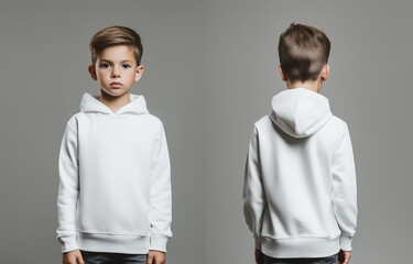Front and back view of a young boy wearing a plain white hoodie, studio portrait on a neutral background for apparel mockup or fashion design