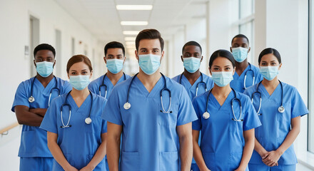 Diverse team of medical professionals in face masks standing in hospital corridor.