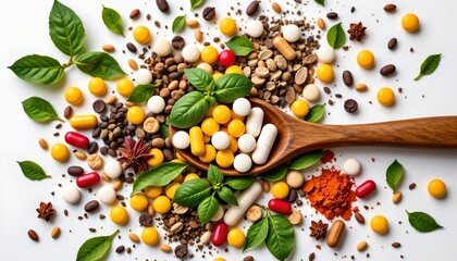 the image depicts a wooden spoon overflowing with a variety of herbs, spices, vitamins, minerals, and other health related supplements such as capsules, tablets