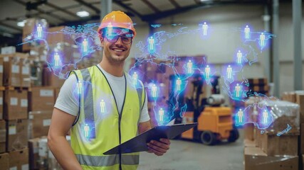 Hologram overlay appearing in warehouse, worker noting clipboard data, scanning world map icons - Powered by Adobe