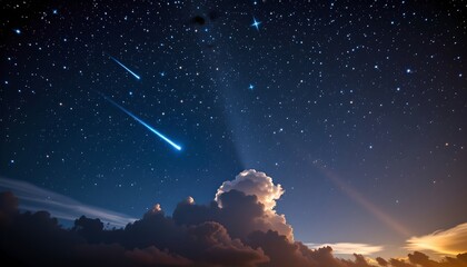 Naklejka premium the image depicts a night sky with a starry backdrop, in the foreground, there is a large, vibrant blue cloud that appears fluffy and thick, filling the lower portion of the image