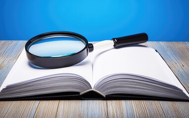 Open book with magnifying glass on wooden table against blue background