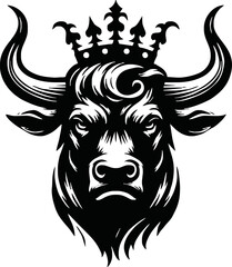 silhouette of head of a bull with a crown on black background