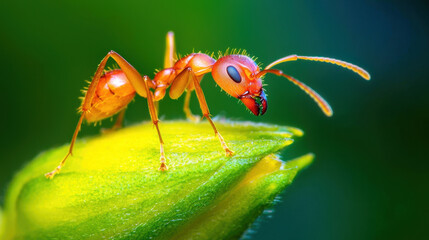 Naklejka premium Macro photo of vibrant red ant perched on green leaf, showcasing intricate details and textures, evoking sense of nature beauty