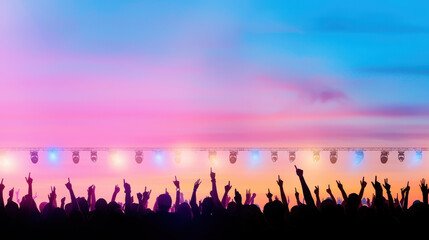 Fototapeta premium Crowd at concert with raised hands against colorful sunset sky, creating vibrant and energetic atmosphere