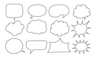 Fototapeta premium Collection of hand drawn speech bubbles and comic style explosion shapes silhouette