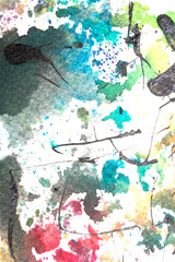 Vibrant Explosion of Multicolour Rainbow Watercolour Paint Splatters and Circles Spots on White Background