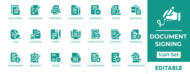 Document Signing Icon Set. Features icons of e-signature, contract, approval, stamp, file, and paperwork. Perfect for legal, admin, business, and digital platforms.