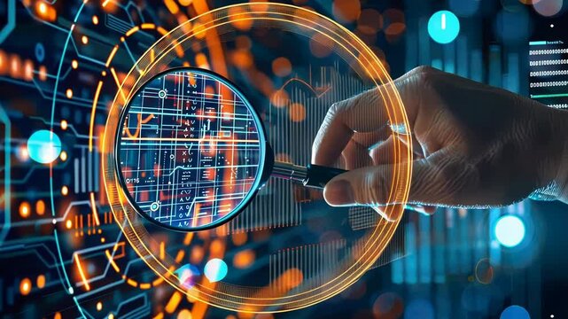 Hand of QA engineer using magnifying glass to uncover bugs in sleek software interface, with copyspace