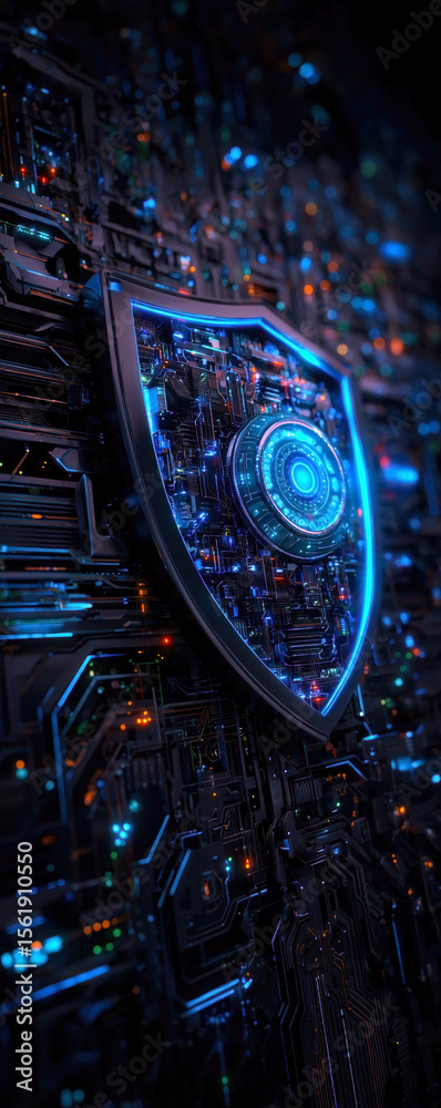 Fototapete this striking image features a futuristic shield integrated into a complex circuit board, symbolizin