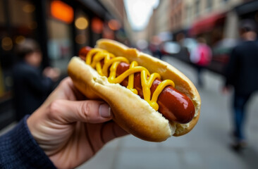 Delicious hot dog in a bun to celebrate National Hot Dog Day in the hand of a man on the background of city streets. observance of national traditions and customs