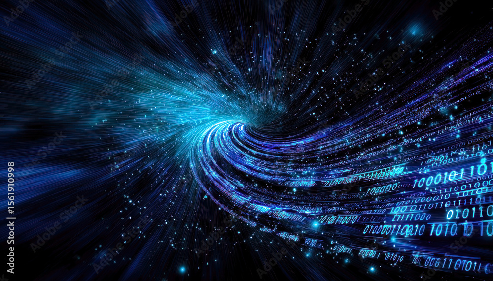 Poster this captivating image showcases a vibrant swirl of binary code and cosmic light, illustrating the b