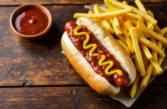 The concept of the national Hot Dog Day poster. an image of a delicious hot dog with mustard and sauce next to crispy French fries.