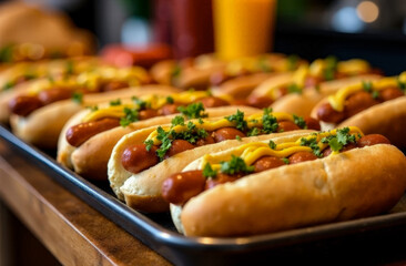 a row of sausages in dough with sauce and vegetables are on a plate. a festival dedicated to the national hot dog Day. illustration national Hot dog Day