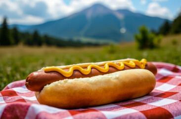 an illustration for the national hot dog Day. sausage in dough with mustard and ketchup on the background of nature. free space for text
