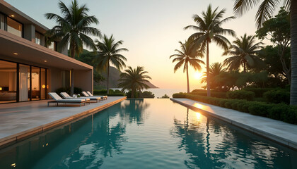 Swimming Pool View at Sunset with Palm Trees Tropical Luxury Getaway