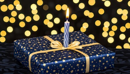 A gift box with a birthday candle, wrapped in navy blue paper with gold stars and ribbon, rests on a dark surface against a bokeh background of golden lights