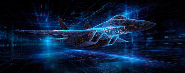 A stunning visual representation of a futuristic fighter jet, rendered in a dynamic wireframe style against a vibrant digital backdrop, showcasing advanced technology and innovation.