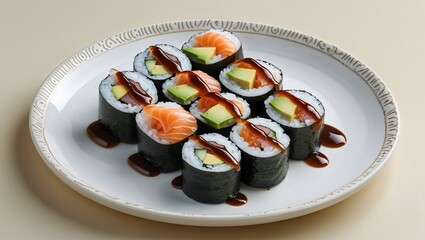 Sushi rolls filled with salmon, avocado, and cucumber gleam with eel sauce.