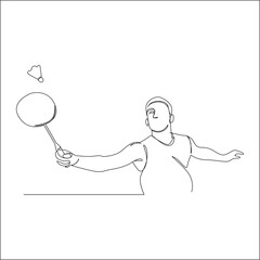 A minimalist line drawing depicts a male badminton player, racket in hand, with a shuttlecock in the air, poised for a shot.