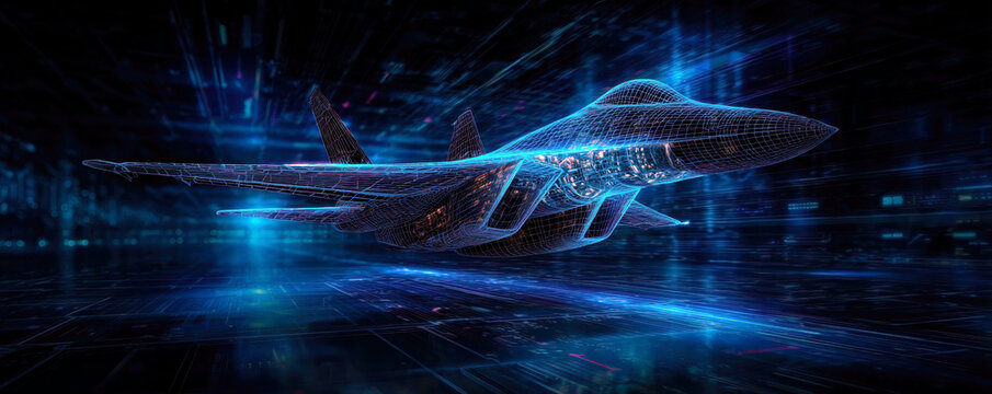 A stunning visual representation of a futuristic fighter jet, rendered in a dynamic wireframe style against a vibrant digital backdrop, showcasing advanced technology and innovation.