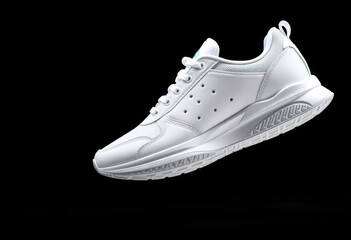 Zapatillas deportivas blancas en el aire, efecto de movimiento de alta velocidad, suela texturizada, fondo negro