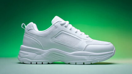 A white athletic sneaker displayed against a green gradient background, capturing a modern sport and street style theme