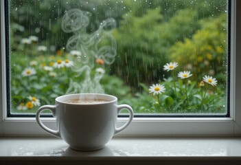 Una taza humeante de té de manzanilla en el alféizar de la ventana durante una tarde lluviosa, con gotas de agua difuminando el exuberante jardín exterior