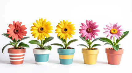 Bright and colorful flowers in decorative pots create cheerful atmosphere, perfect for home decor or gifting