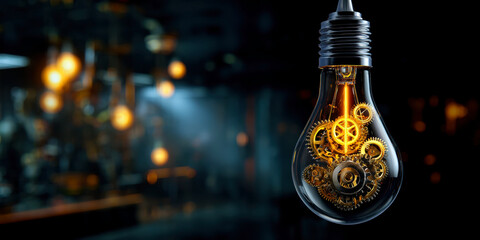 A captivating blend of artistry and mechanics, this image showcases a light bulb filled with intricate gears, symbolizing creativity and innovation amidst a dimly lit background.