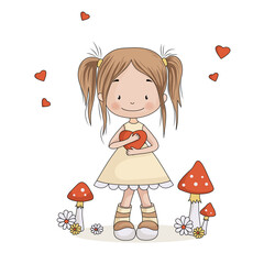 Girl holding a heart on the background of a meadow with fly agarics and flowers. Vector illustration